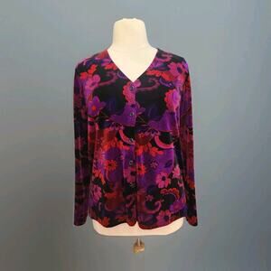 Carol Little Crushed Velvet Velour Button Up Floral Vibrant Top Sz XL